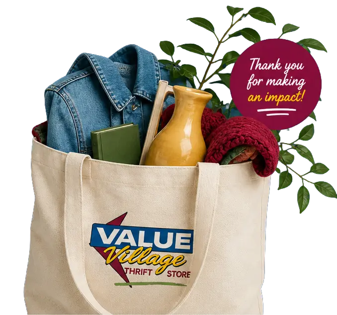 Donation bag filled with clothing and household items. Thank you for making an impact by donating to Value Village Thrift Store.